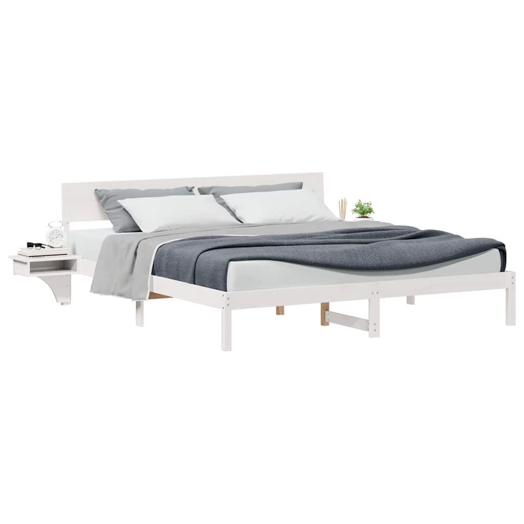 Bed Frame with Bedside Tables White Solid pine wood