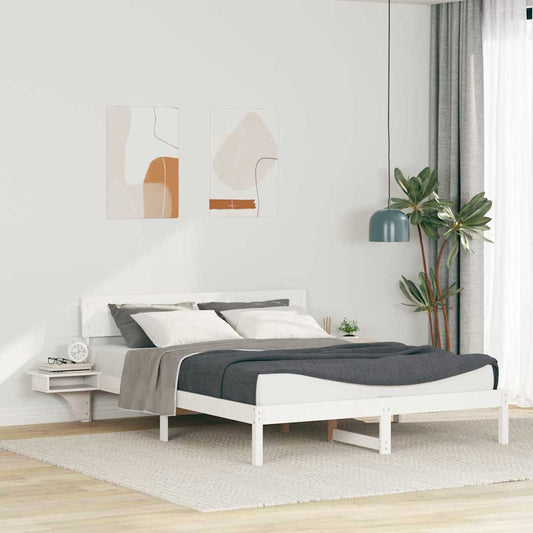Bed Frame with Bedside Tables White Solid pine wood