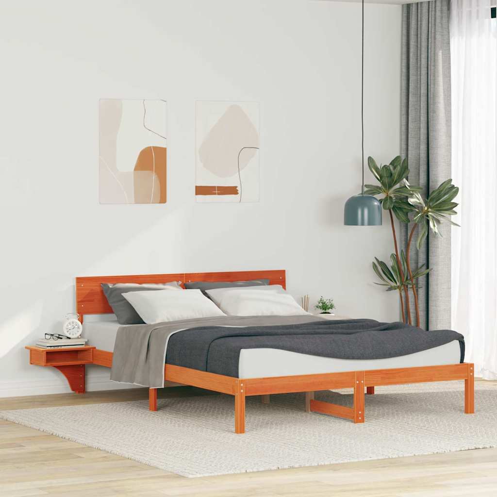 Bed Frame with Bedside Tables Wax brown Solid pine wood