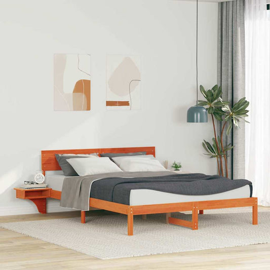 Bed Frame with Bedside Tables Wax brown Solid pine wood