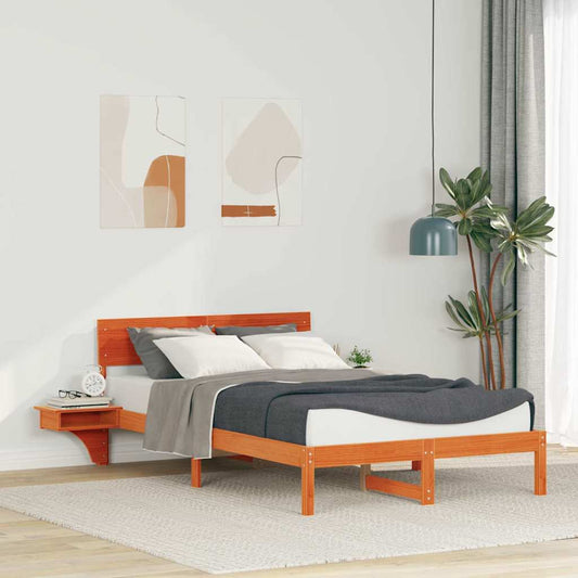 Bed Frame with Bedside Tables Wax brown Solid pine wood
