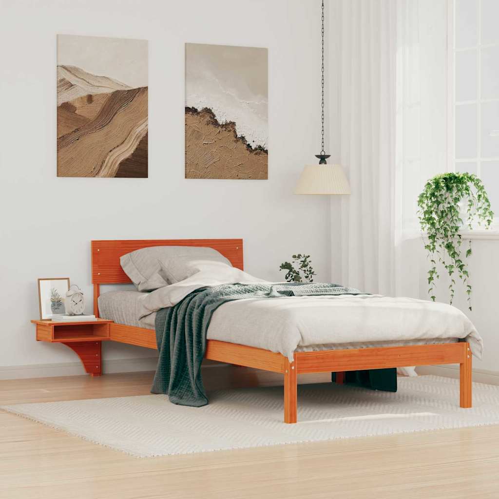 Bed Frame with Bedside Tables Wax brown Solid pine wood