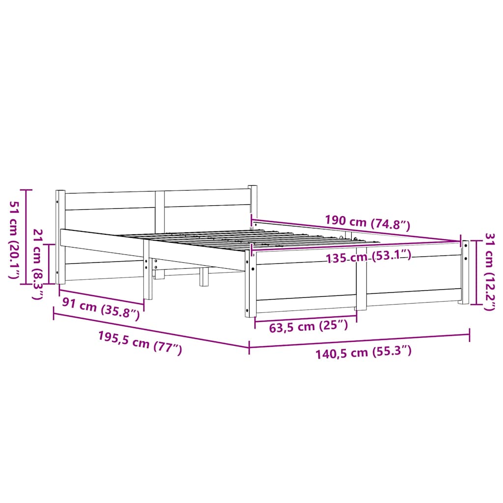 Bed Frame with Headboard Wax brown 135 x 190 cm Solid pine wood