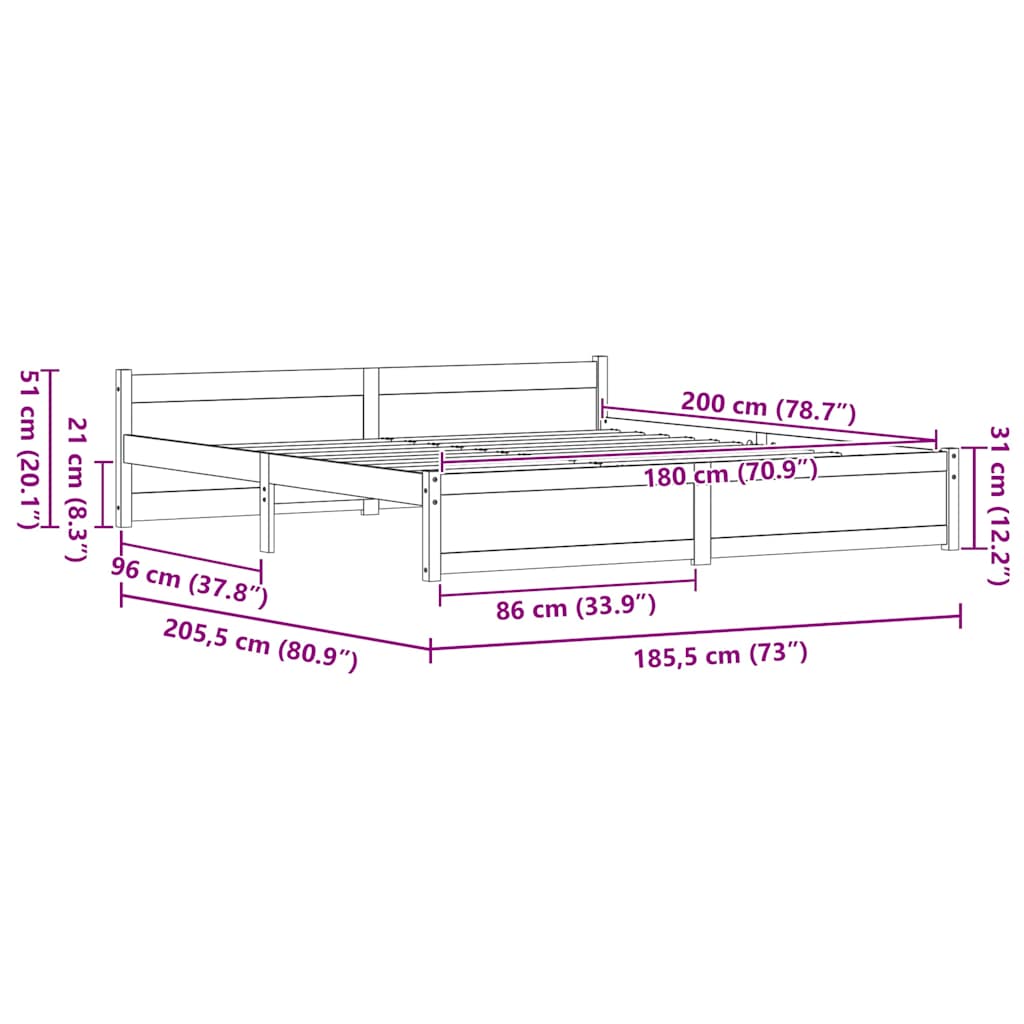 Bed Frame with Headboard Wax brown 180 x 200 cm Solid pine wood