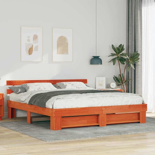 Bed Frame with Headboard Brown 200 x 200 cm Solid pine wood