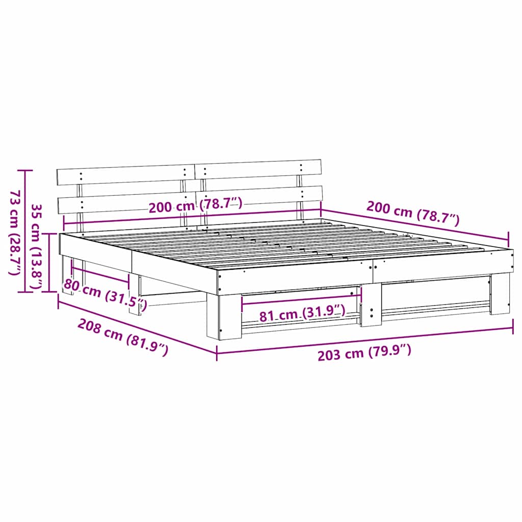 Bed Frame with Headboard Brown 200 x 200 cm Solid pine wood