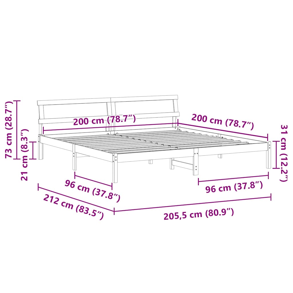 Bed Frame with Headboard White 200 x 200 cm Solid pine wood