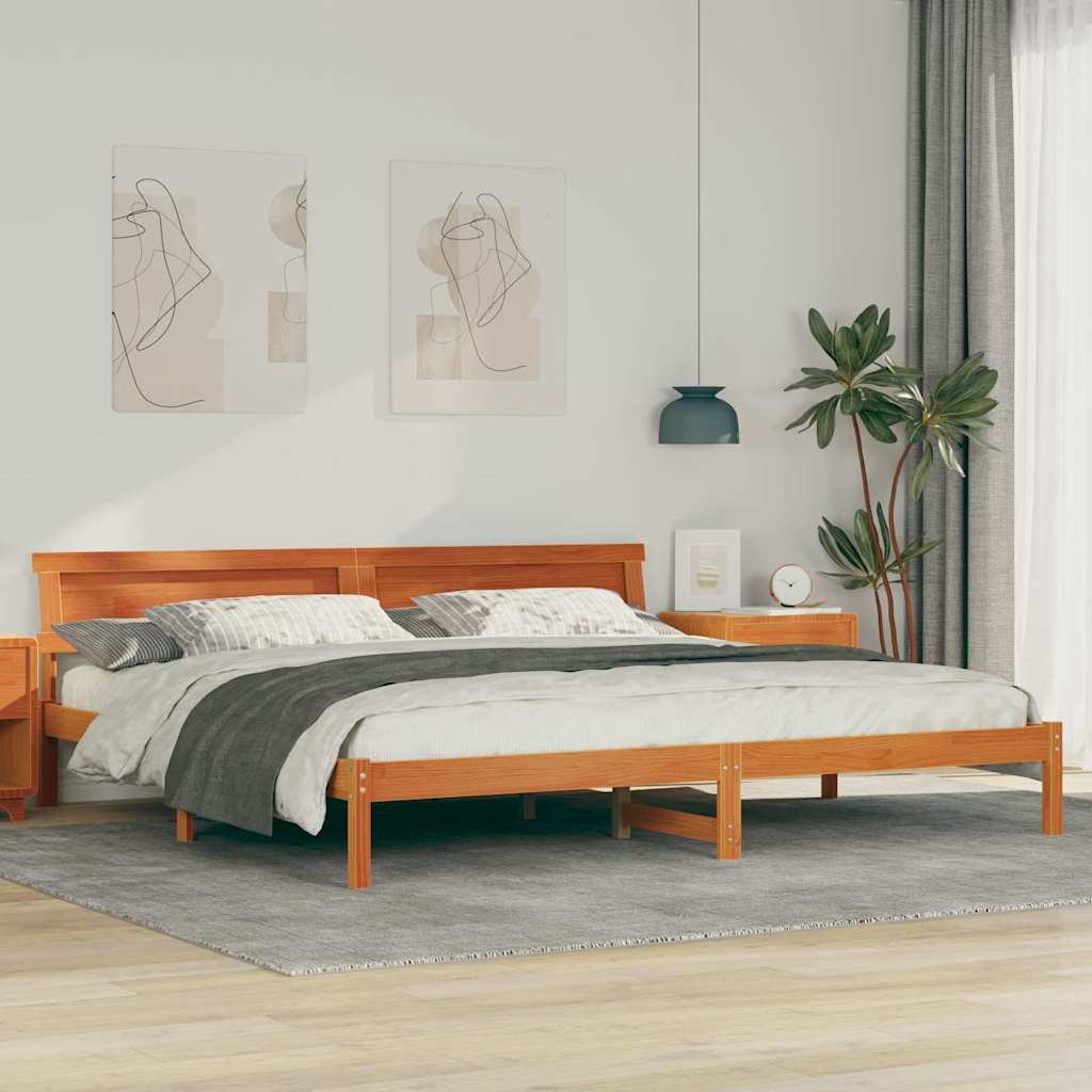 Bed Frame with Headboard Wax Brown 200 x 200 cm Solid Pine Wood