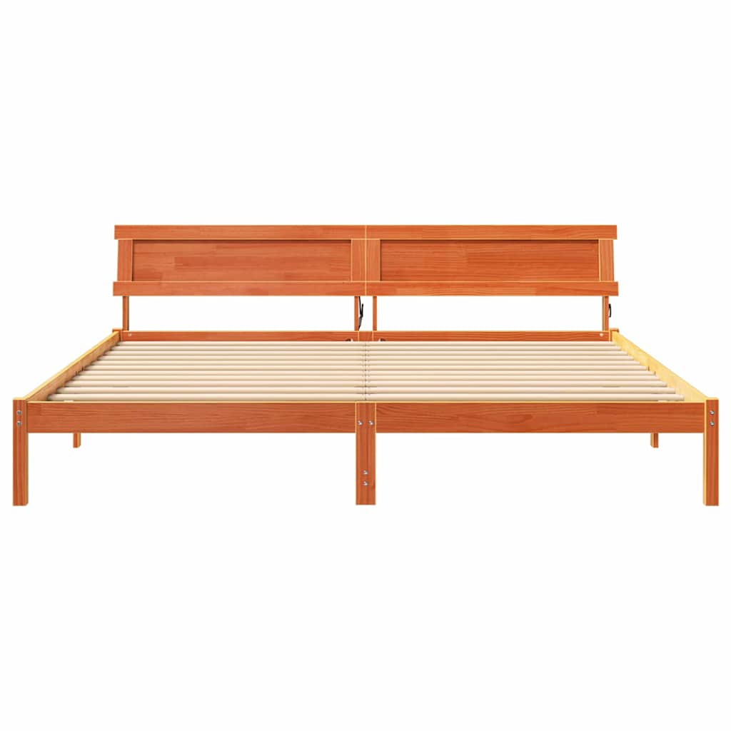 Bed Frame with Headboard Wax Brown 200 x 200 cm Solid Pine Wood