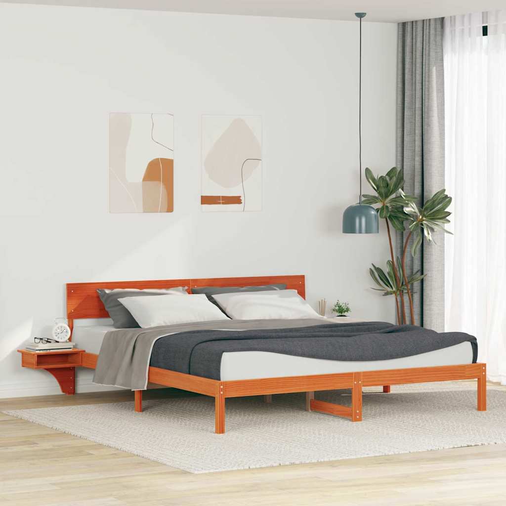 Bed Frame with Headboard Wax Brown 200 x 200 cm Solid Pine Wood