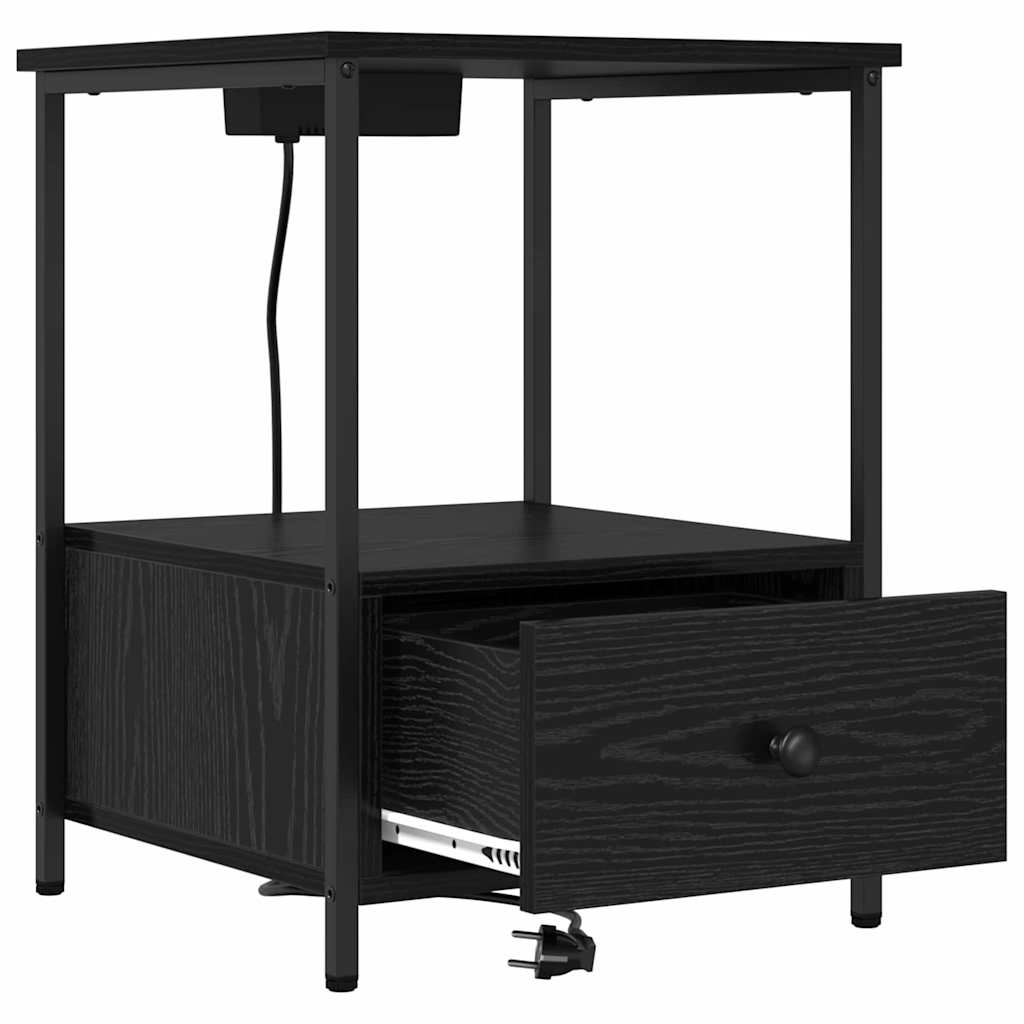 Bedside Cabinet with Charging Station Black oak Engineered Wood