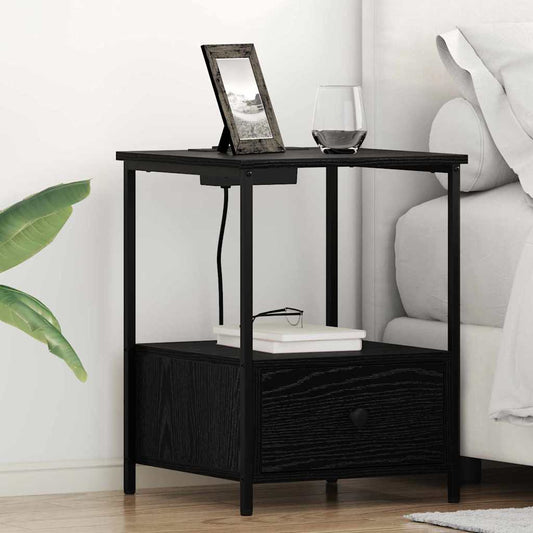 Bedside Cabinet with Charging Station Black oak Engineered Wood
