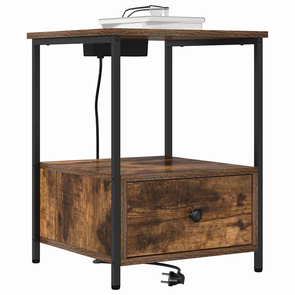 Bedside Cabinet with Charging Station with Drawer Smoked oak