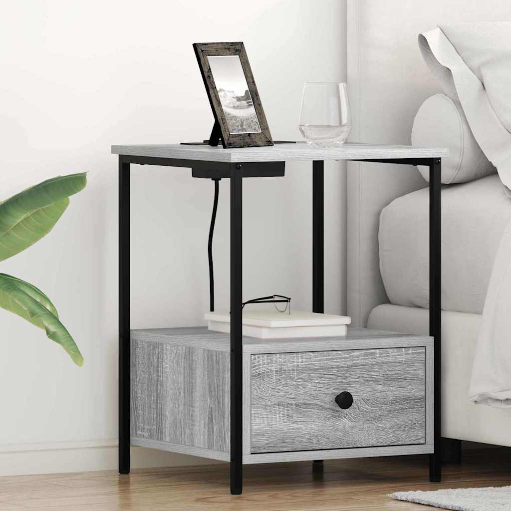 Bedside Cabinet with Charging Station with Drawer Grey sonoma