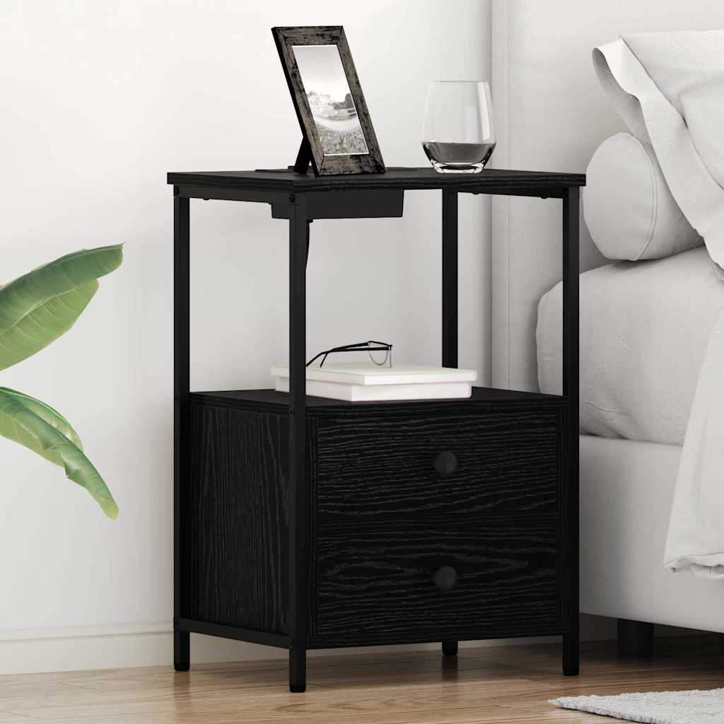 Bedside Cabinet with Charging Station Black oak Engineered Wood