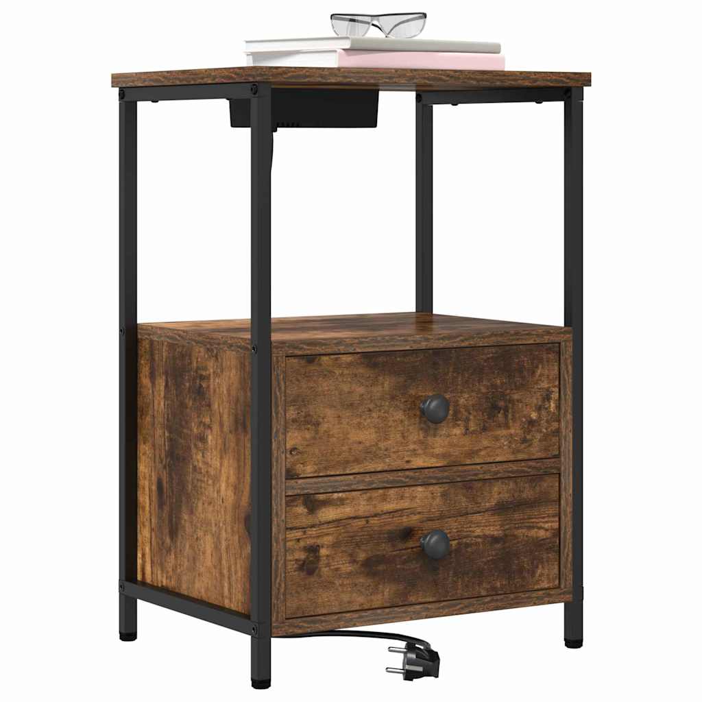 Bedside Cabinet with Charging Station with Drawer Smoked oak