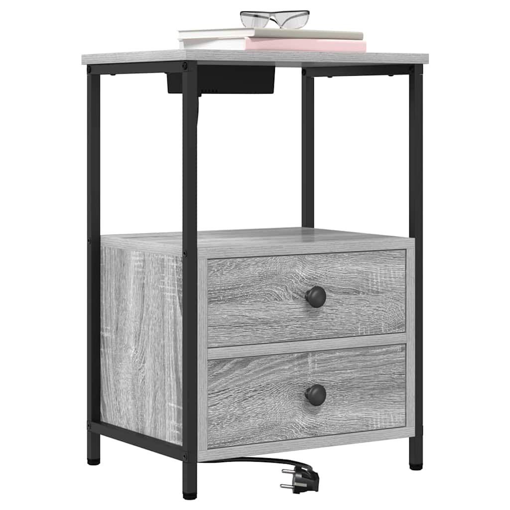 Bedside Cabinet with Charging Station with Drawer Grey sonoma
