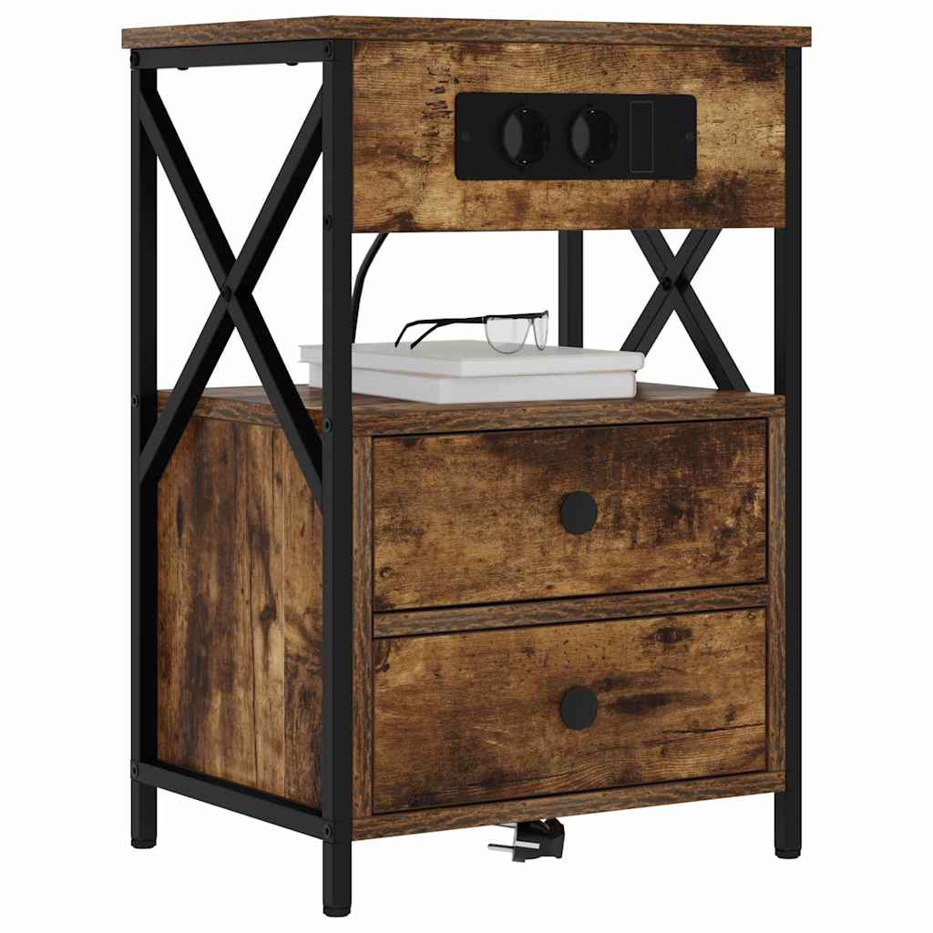 Bedside Cabinet with Charging Station with Drawer Smoked Oak