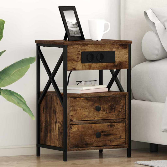 Bedside Cabinet with Charging Station 2 pcs Smoked Oak