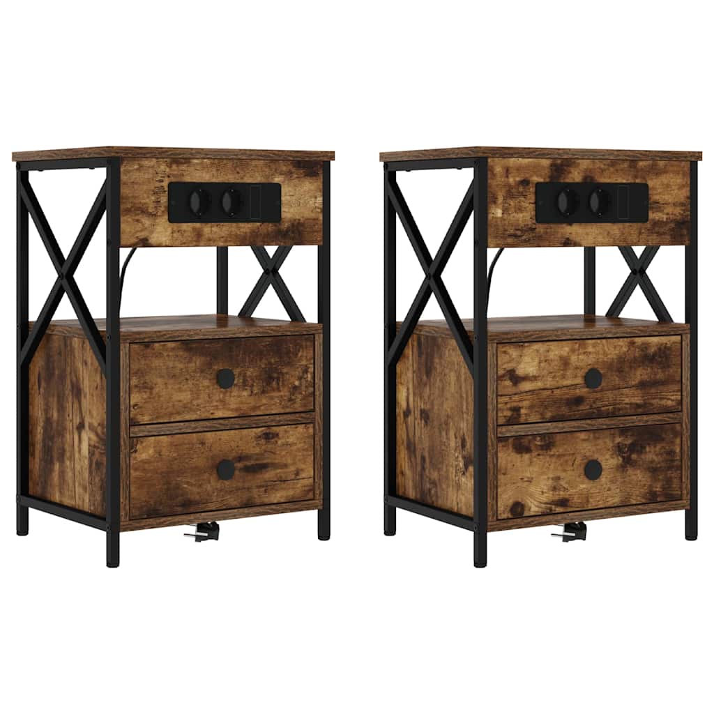 Bedside Cabinet with Charging Station 2 pcs Smoked Oak
