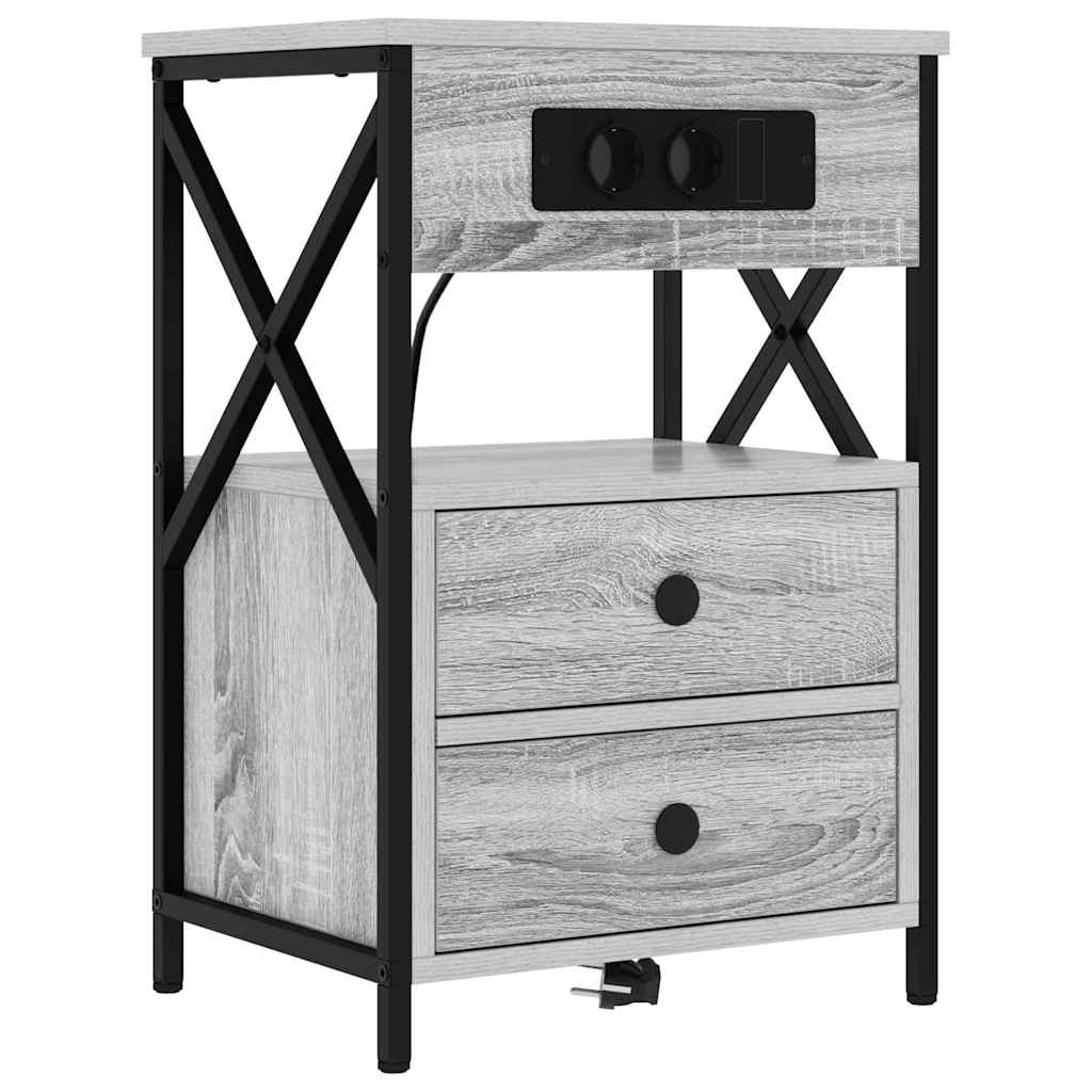 Bedside Cabinet with Charging Station with Drawer Grey sonoma