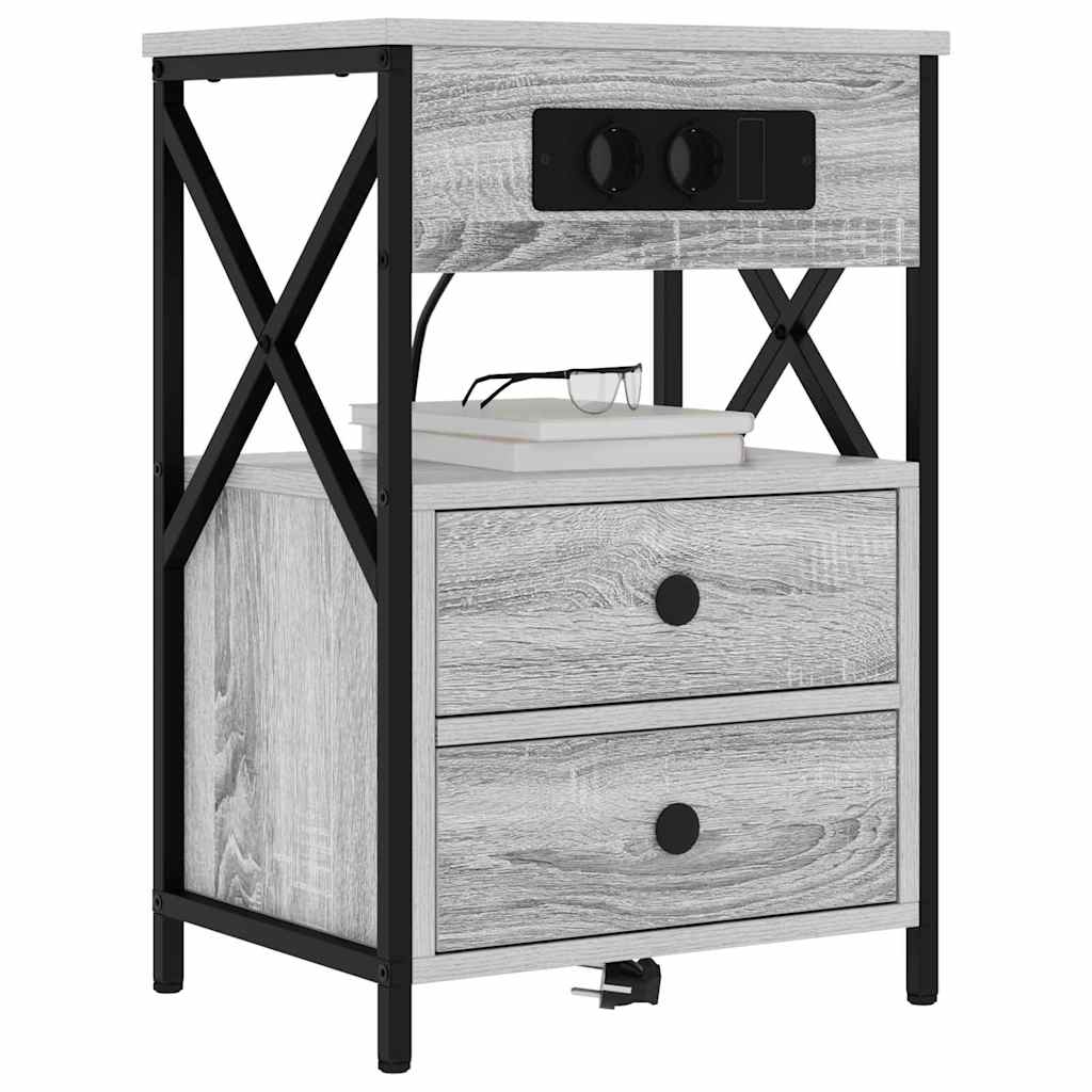 Bedside Cabinet with Charging Station with Drawer Grey sonoma