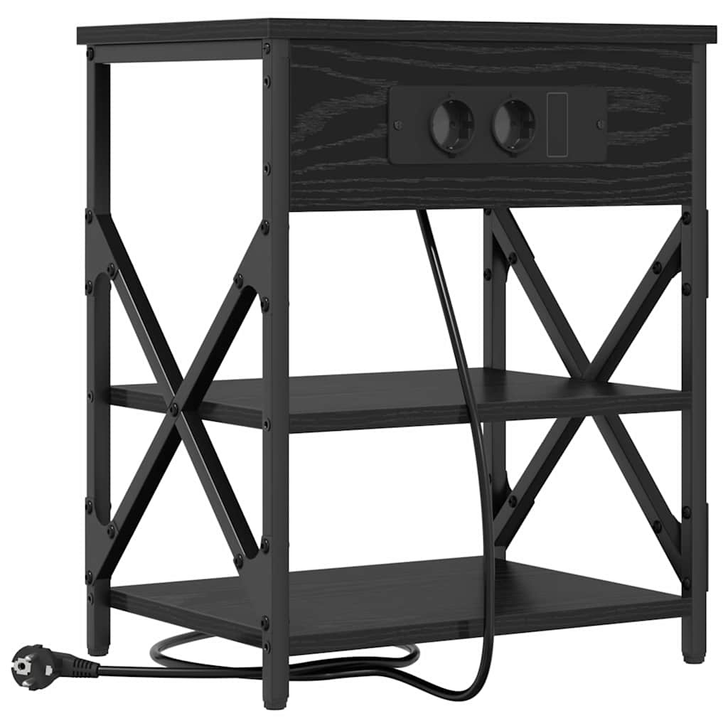 Bedside Cabinet with Charging Station Black oak Engineered Wood
