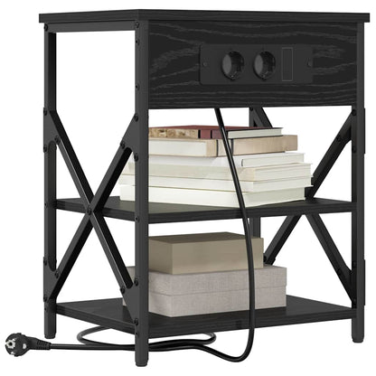 Bedside Cabinet with Charging Station Black oak Engineered Wood