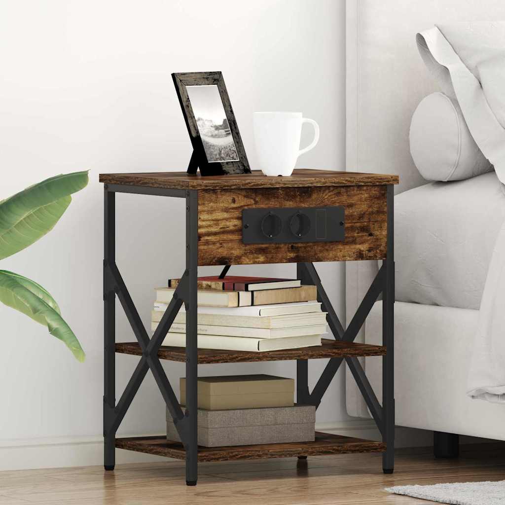 Bedside Cabinet with Charging Station with Shelf Smoked oak