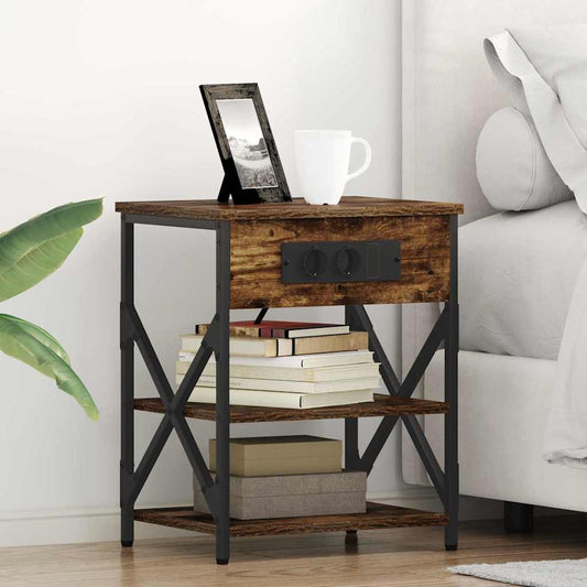 Bedside Cabinet with Charging Station with Shelf Smoked oak