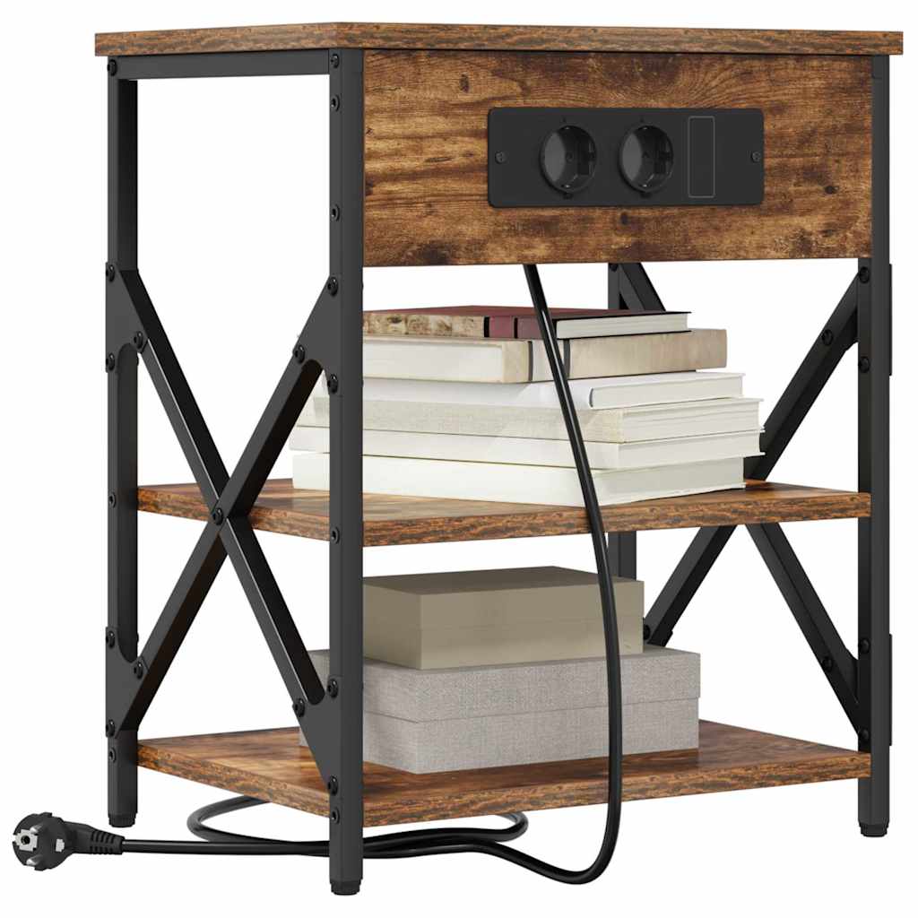 Bedside Cabinet with Charging Station with Shelf Smoked oak