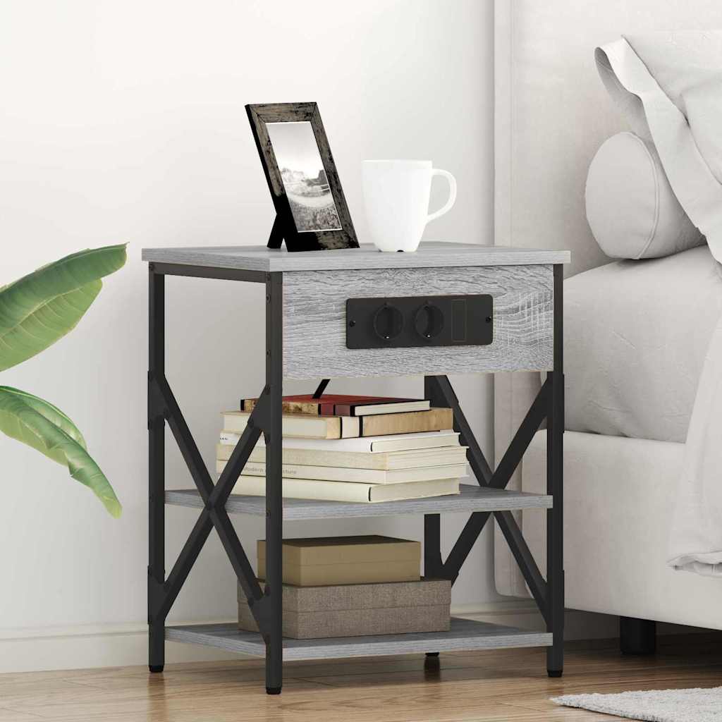 Bedside Cabinet with Charging Station with Shelf Grey sonoma