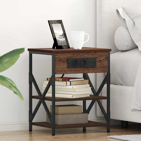 Bedside Cabinet with Charging Station Brown oak Engineered Wood