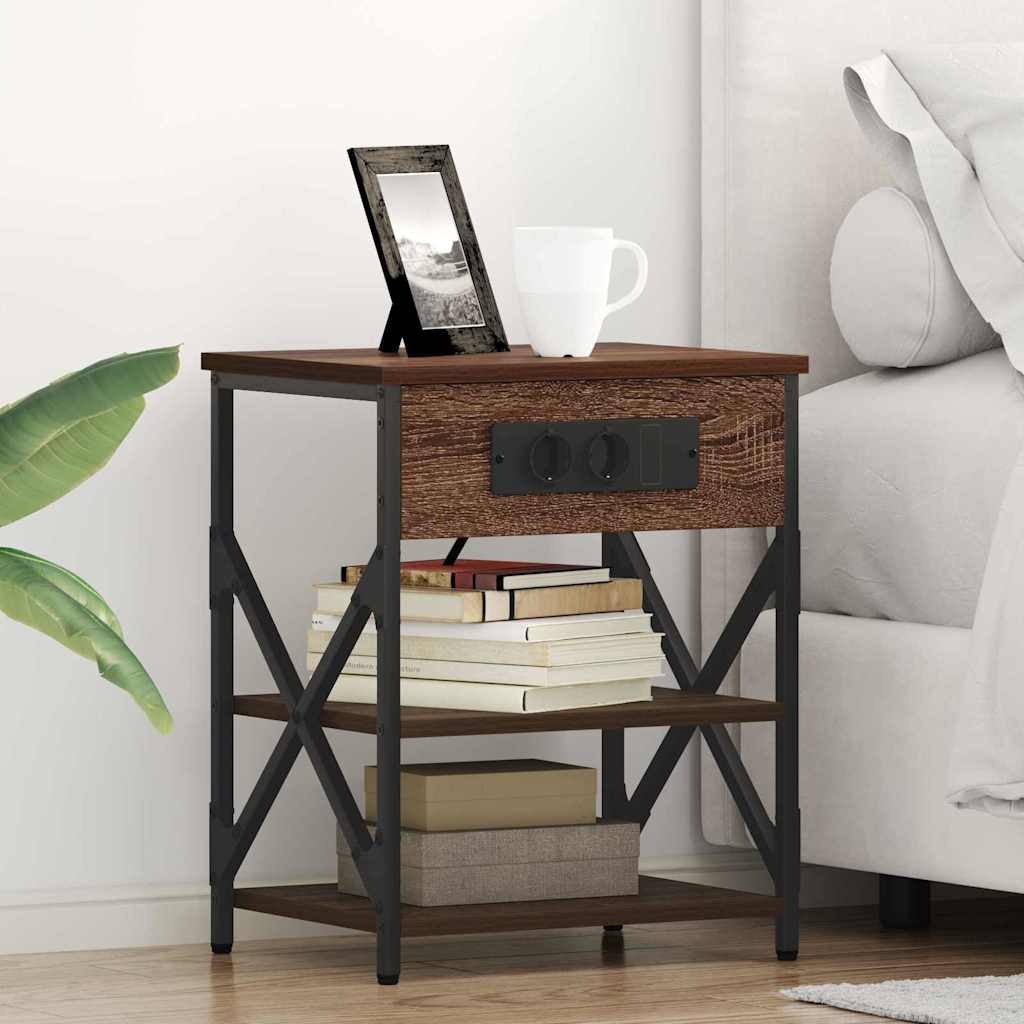 Bedside Cabinet with Charging Station Brown oak Engineered Wood