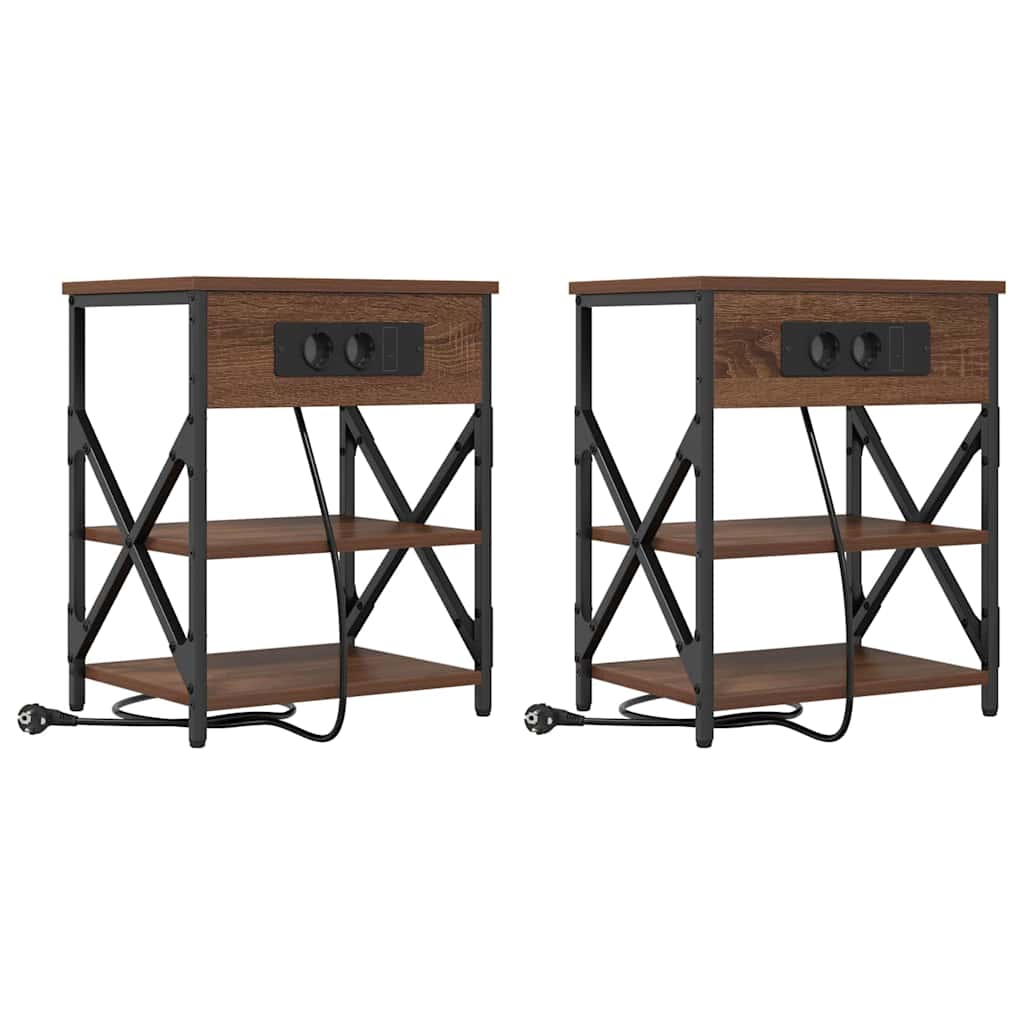 Bedside Cabinet with Charging Station Brown oak Engineered Wood