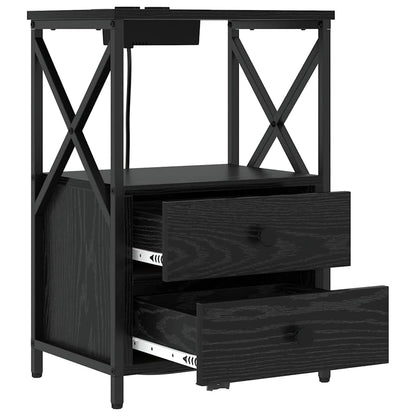 Bedside Cabinet with Charging Station Black oak Engineered Wood