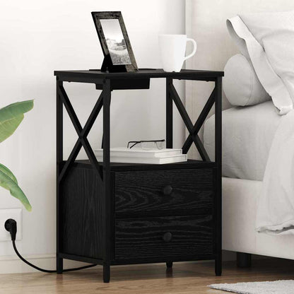 Bedside Cabinet with Charging Station Black oak Engineered Wood