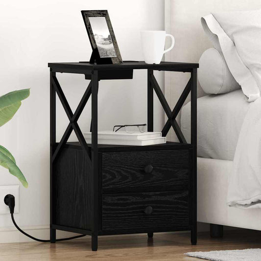 Bedside Cabinet with Charging Station Black oak Engineered Wood