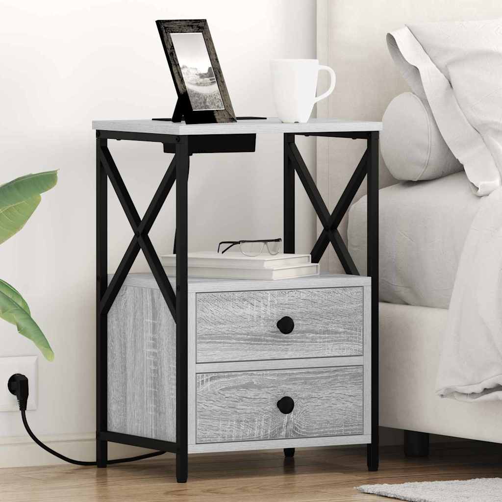 Bedside Cabinet with Charging Station with Drawer Grey sonoma