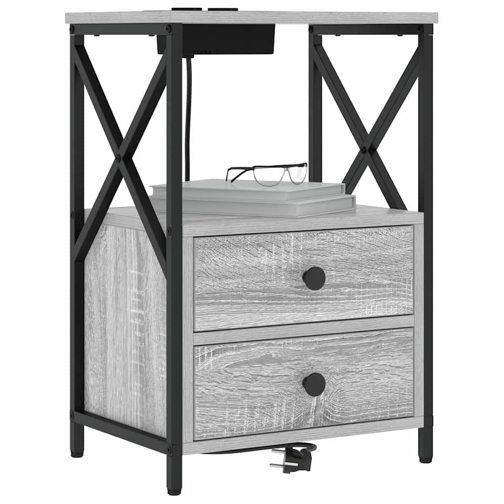 Bedside Cabinet with Charging Station with Drawer Grey sonoma