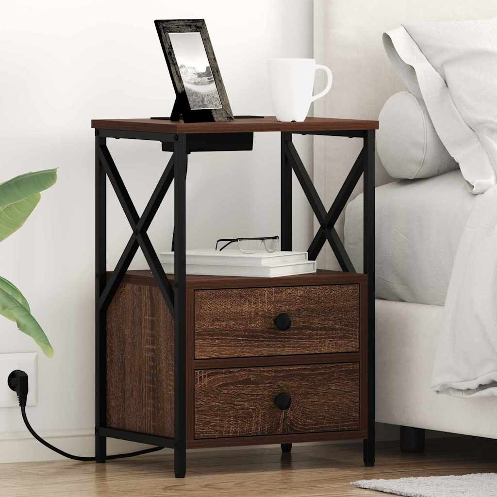Bedside Cabinet with Charging Station Brown oak Engineered Wood