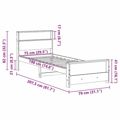 Bed Frame with Headboard Wax brown 75 x 190 cm Solid pine wood