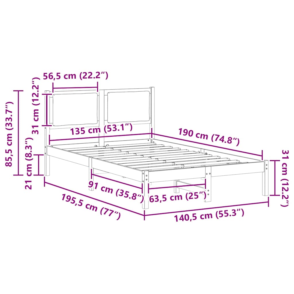 Bed Frame Light Grey 135 x 190 cm Solid Pine Wood