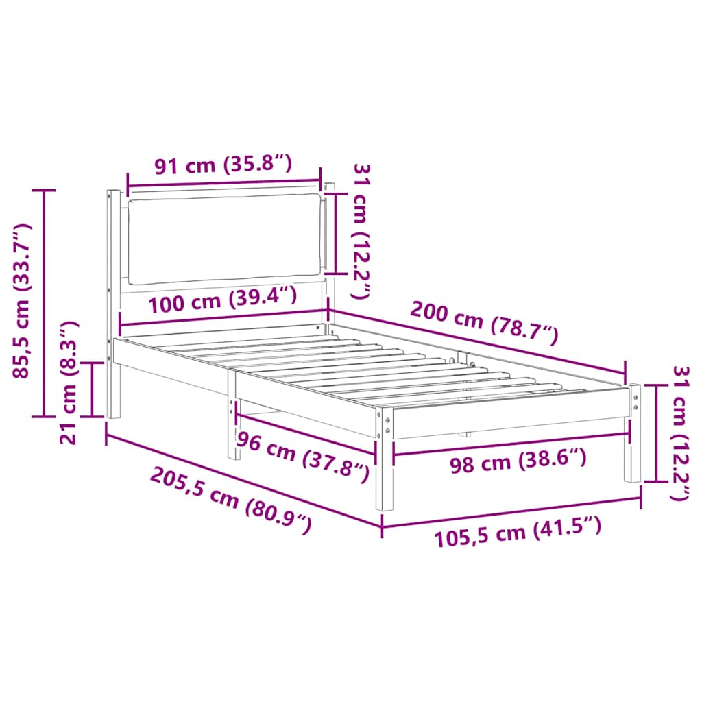 Bed Frame with Headboard Black 100 x 200 cm Solid Pine Wood