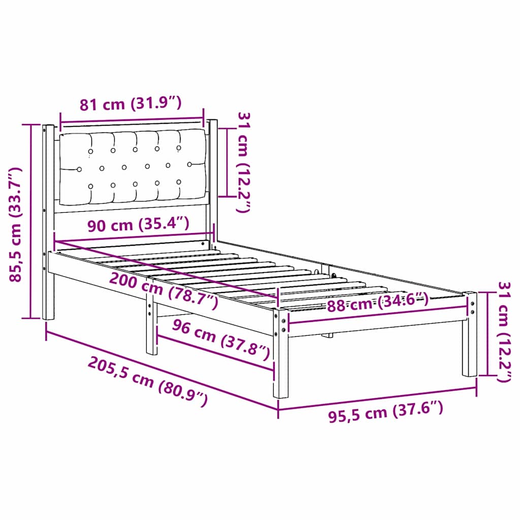 Bed Frame with Headboard Taupe 90 x 200 cm Solid Pine Wood
