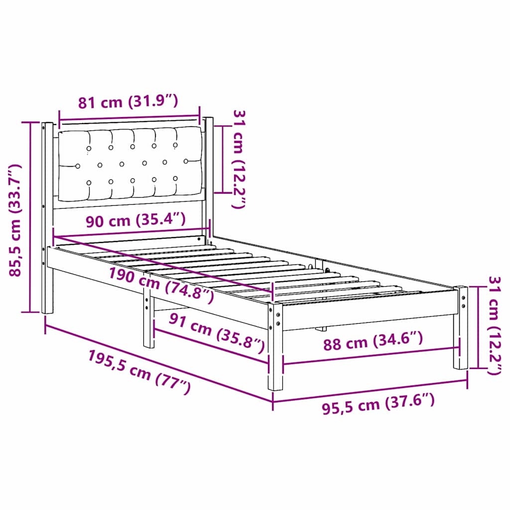 Bed Frame with Headboard Black 90 x 190 cm Solid Pine Wood