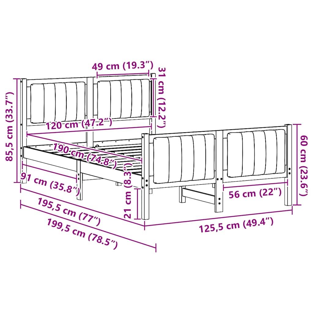 Bed frame Brown and dark grey 120 x 190 cm Solid pine wood