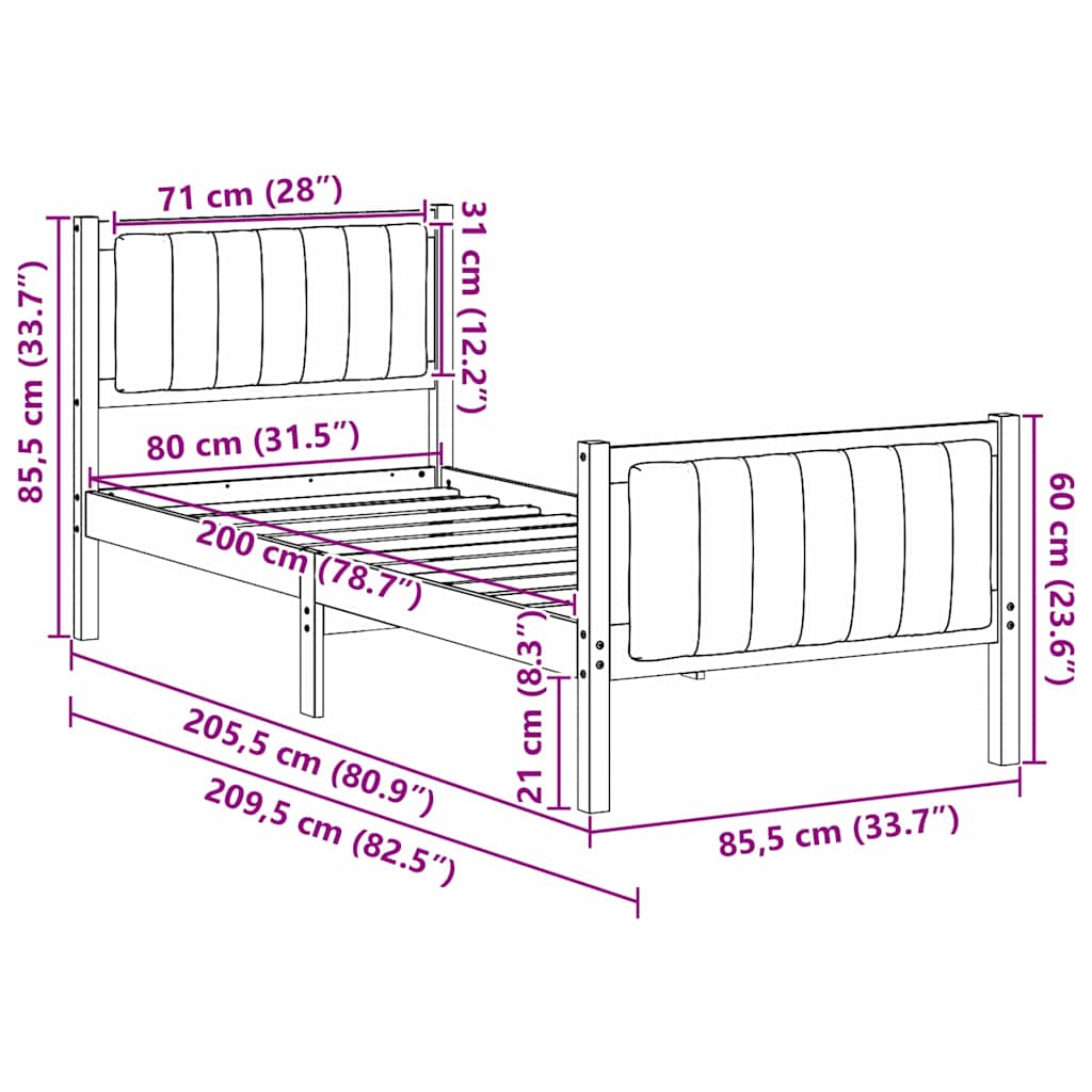 Bed frame Brown and taupe 80 x 200 cm Solid pine wood