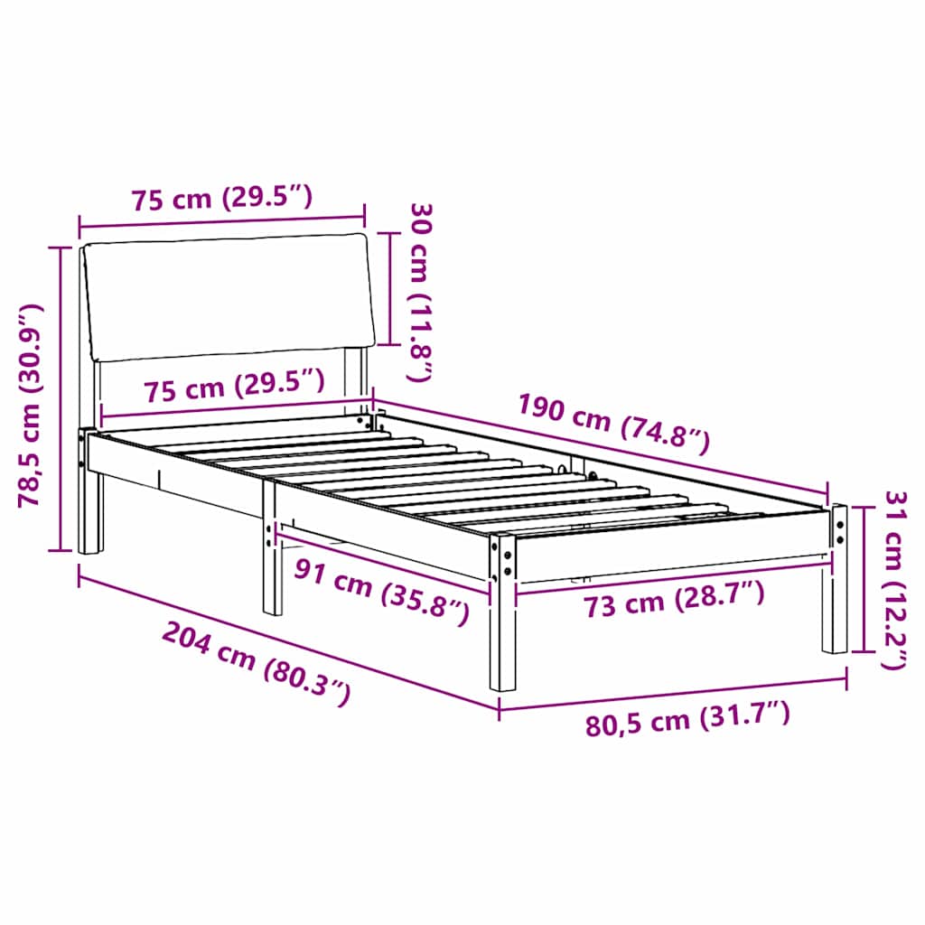 Bed frame Brown and dark grey 75 x 190 cm Solid pine wood