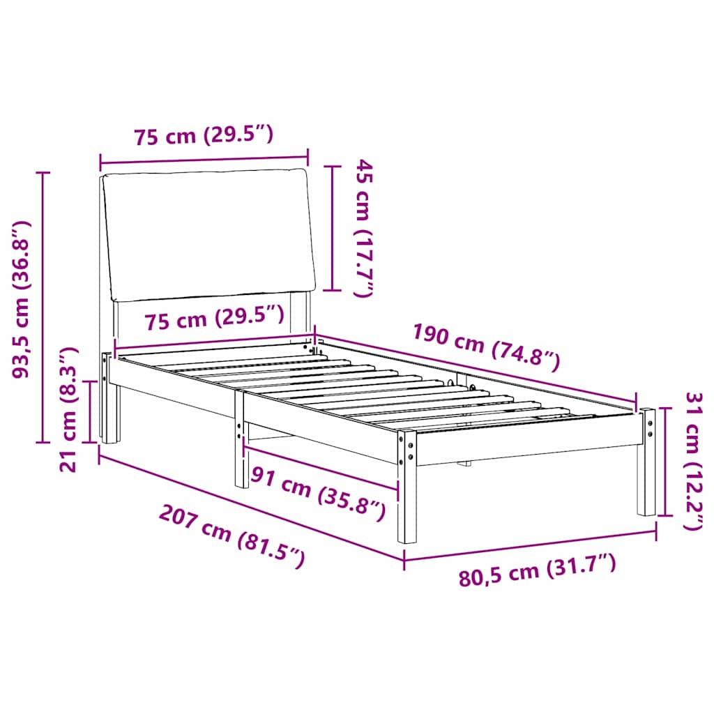 Bed frame White and light grey 75 x 190 cm Solid pine wood